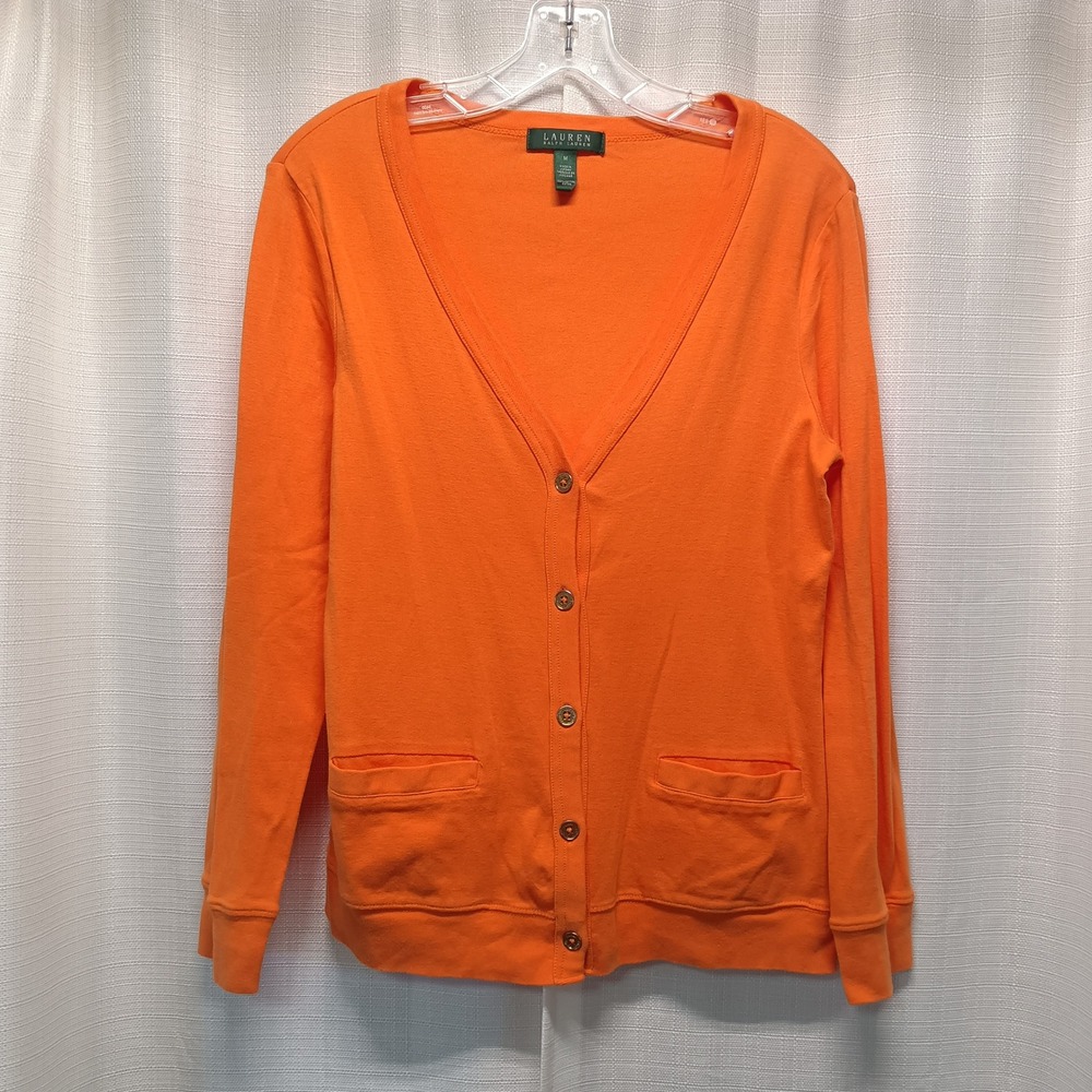 Lauren Ralph Lauren Orange Cotton V-Neck Button Front Cardigan Sweater Womens M